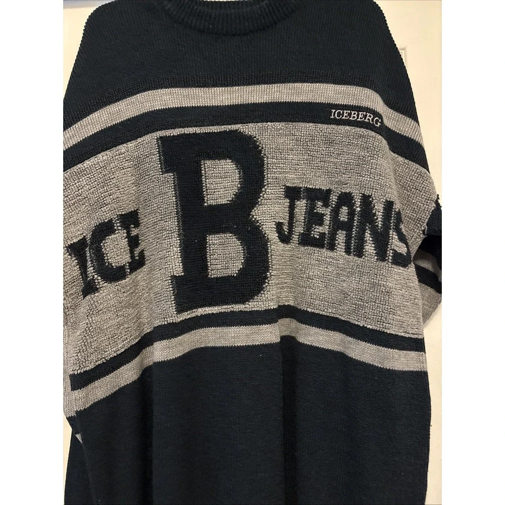 Vintage Iceberg Jeans Oversized Logo Blue/Gray Sweater XXL Made in Italy - Picture 2 of 6